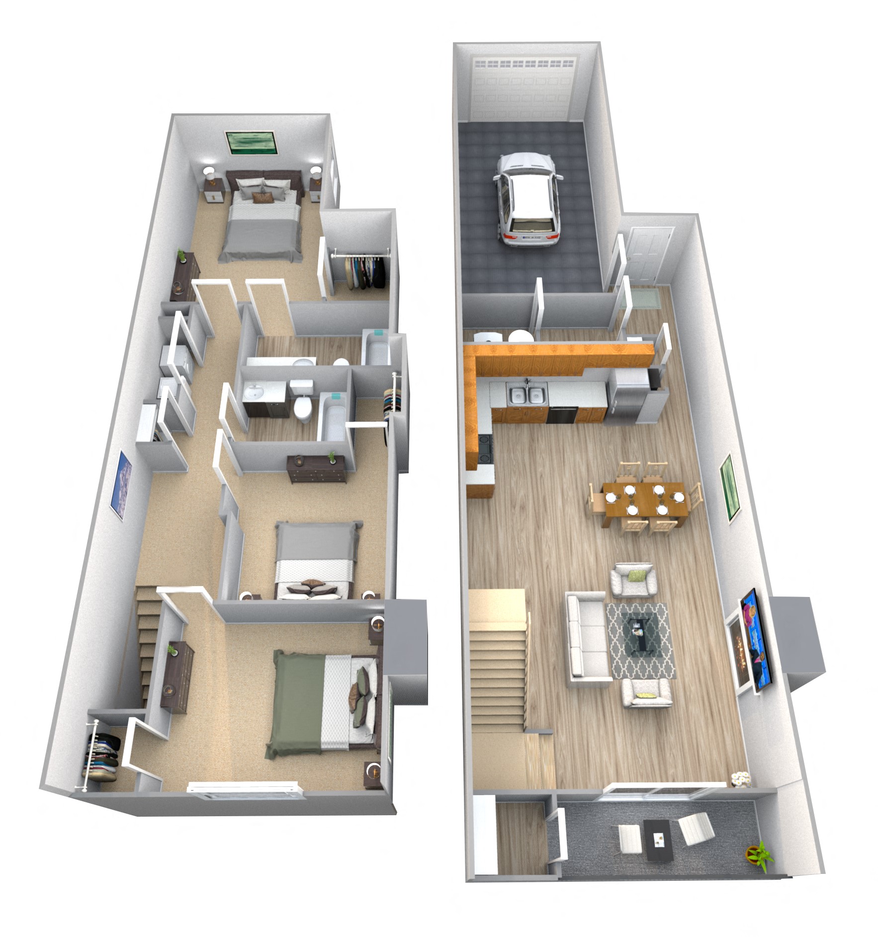 Floor plan for 3 beds, 2.5 baths, 1390 sqft
